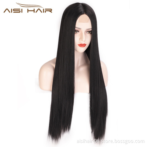 Aisi Hair 26 inch Natural Black Wig Long Silky Straight Lace Frontal Wig Middle Part Synthetic Front Lace Hair Wigs For Women